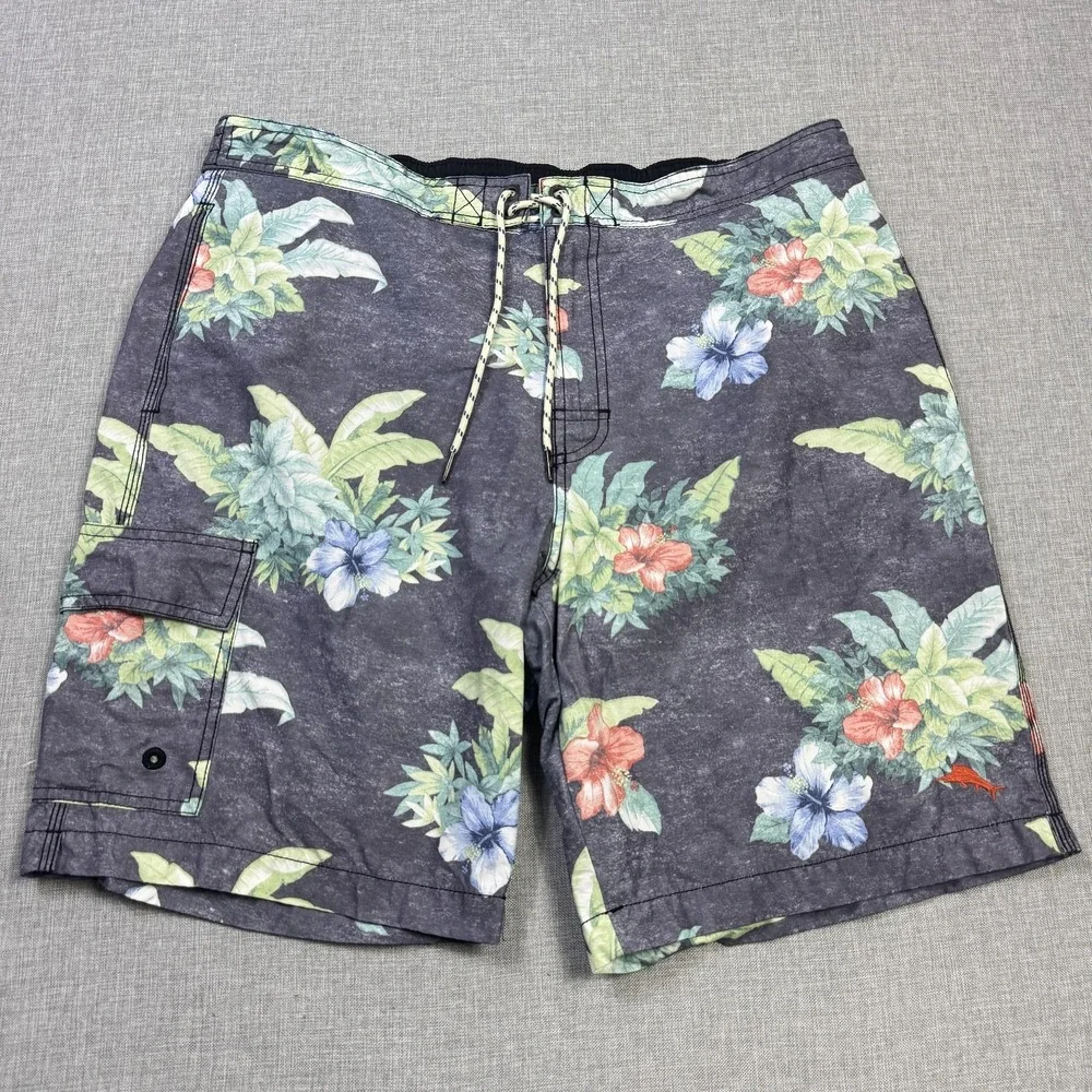 Tommy‎ Bahama Swim Trunks Shorts Mens L Gray Floral Lined Drawstring Pockets